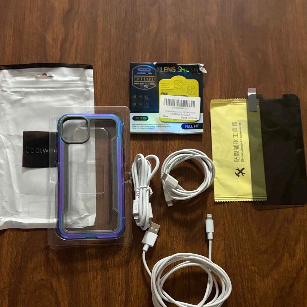 iPhone 13 case, chargers, privacy screen cover, and back camera screen cover